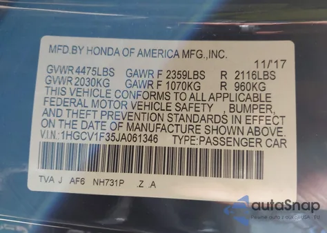 2018 Honda Accord Sport z USA, uszkodzony, nr VIN 1HGCV1F35JA061346